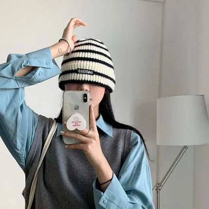 2025 Autumn/Winter Multi-Functional Solid Color Knitted Hat with Warm Hood and Striped Design