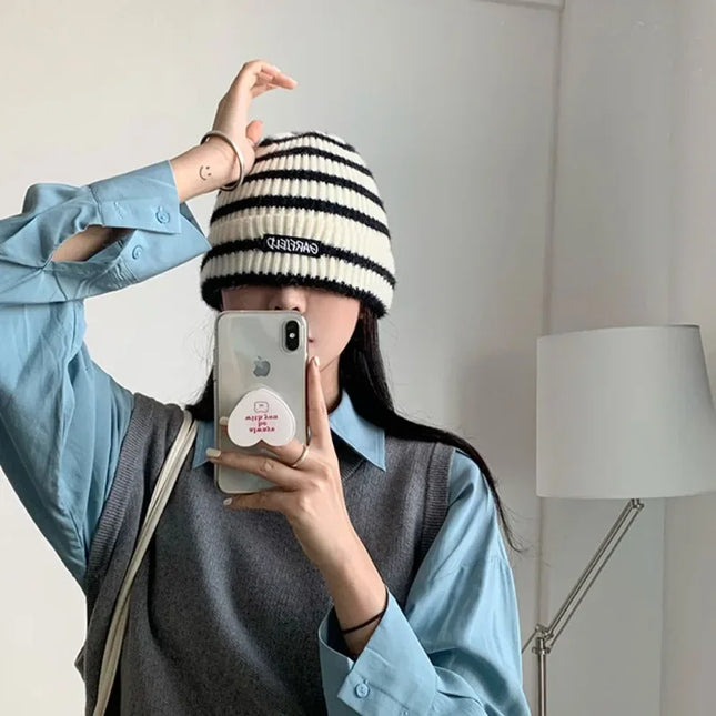 2025 Autumn/Winter Multi-Functional Solid Color Knitted Hat with Warm Hood and Striped Design