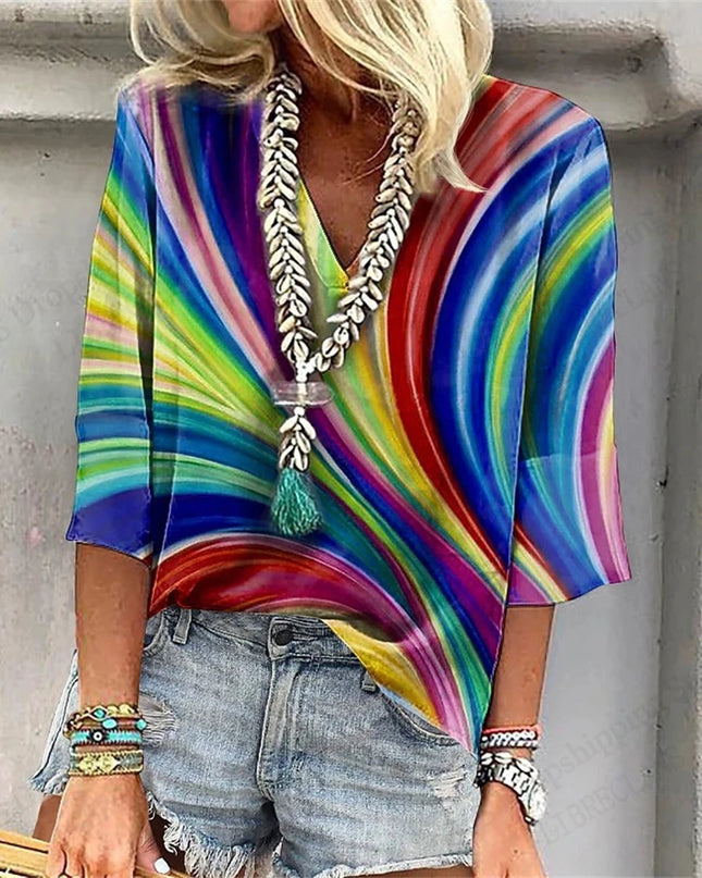 Vintage 3D Floral Oversized V‑Neck Tee – Breezy Summer Style
