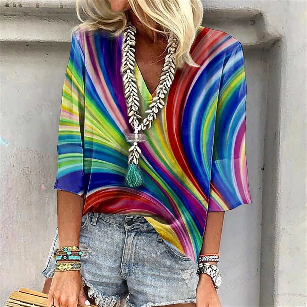 Vintage 3D Floral Oversized V‑Neck Tee – Breezy Summer Style