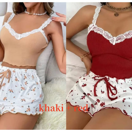 Women’s Pink Lace Patchwork Camisole & Shorts Pajama Set – Sexy Lounge Sleepwear