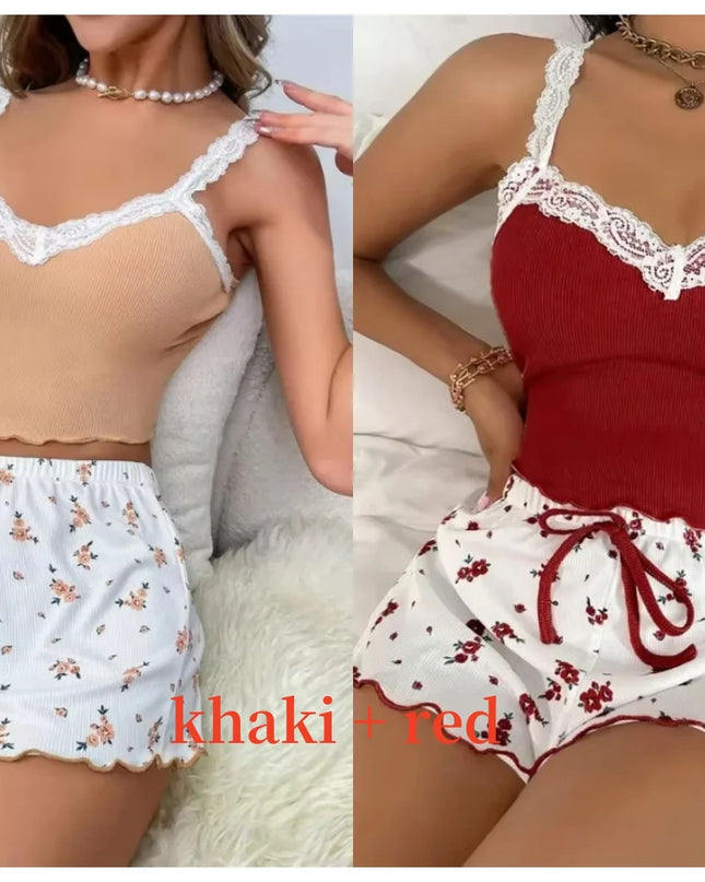 Women’s Pink Lace Patchwork Camisole & Shorts Pajama Set – Sexy Lounge Sleepwear