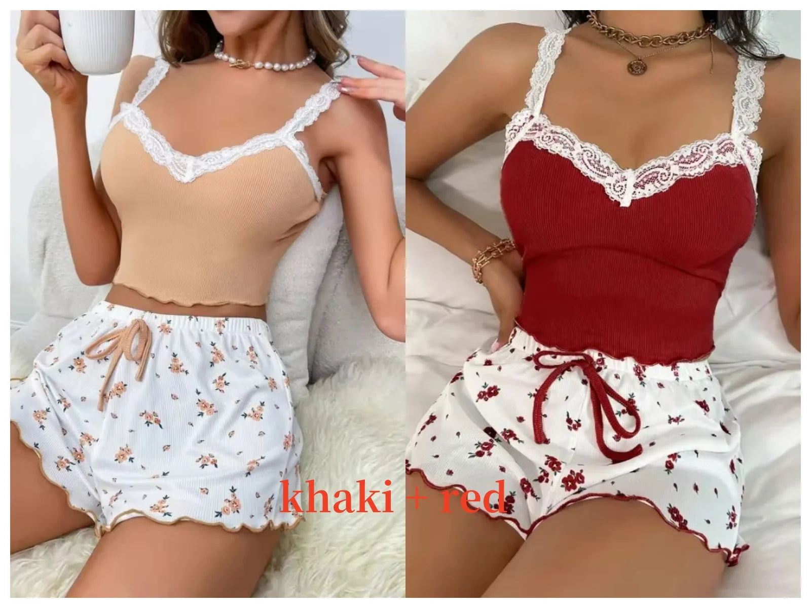 Women’s Pink Lace Patchwork Camisole & Shorts Pajama Set – Sexy Lounge Sleepwear