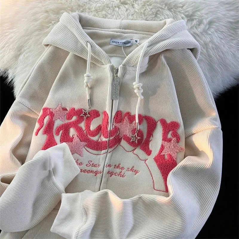 Hoodie Women Harajuku Zip-Up Embroidered Hoodie – Oversized Streetwear