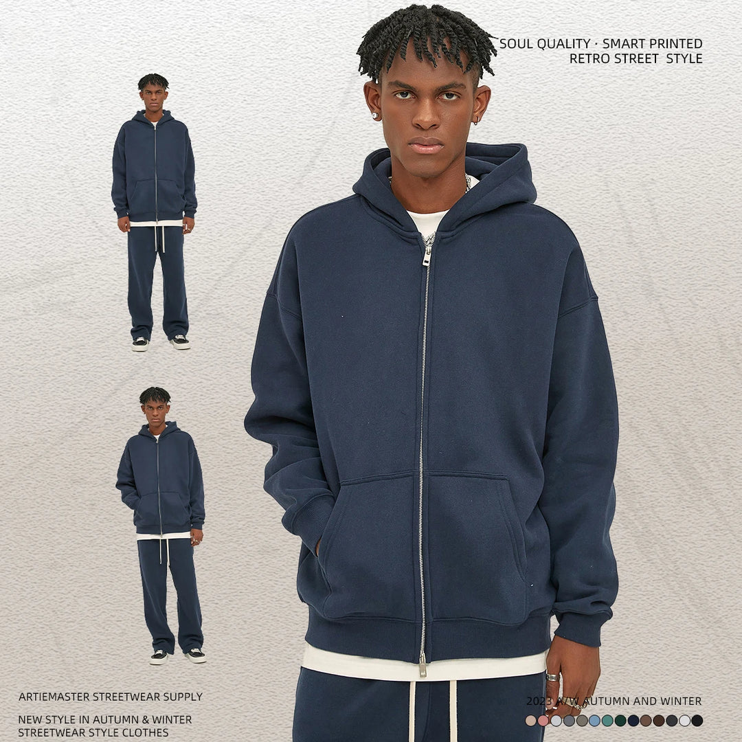 Premium Heavyweight Fleece Double‑Zip Cardigan Hoodie-HighTouch