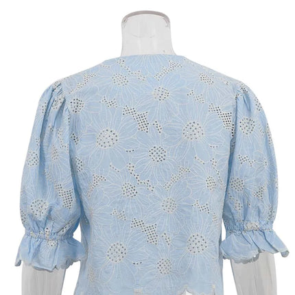 Elegant Blue Print Cotton Shirt – Hollow-Out O-Neck Blouse for Women