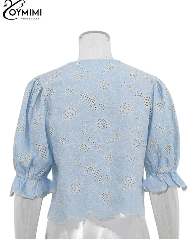 Elegant Blue Print Cotton Shirt – Hollow-Out O-Neck Blouse for Women