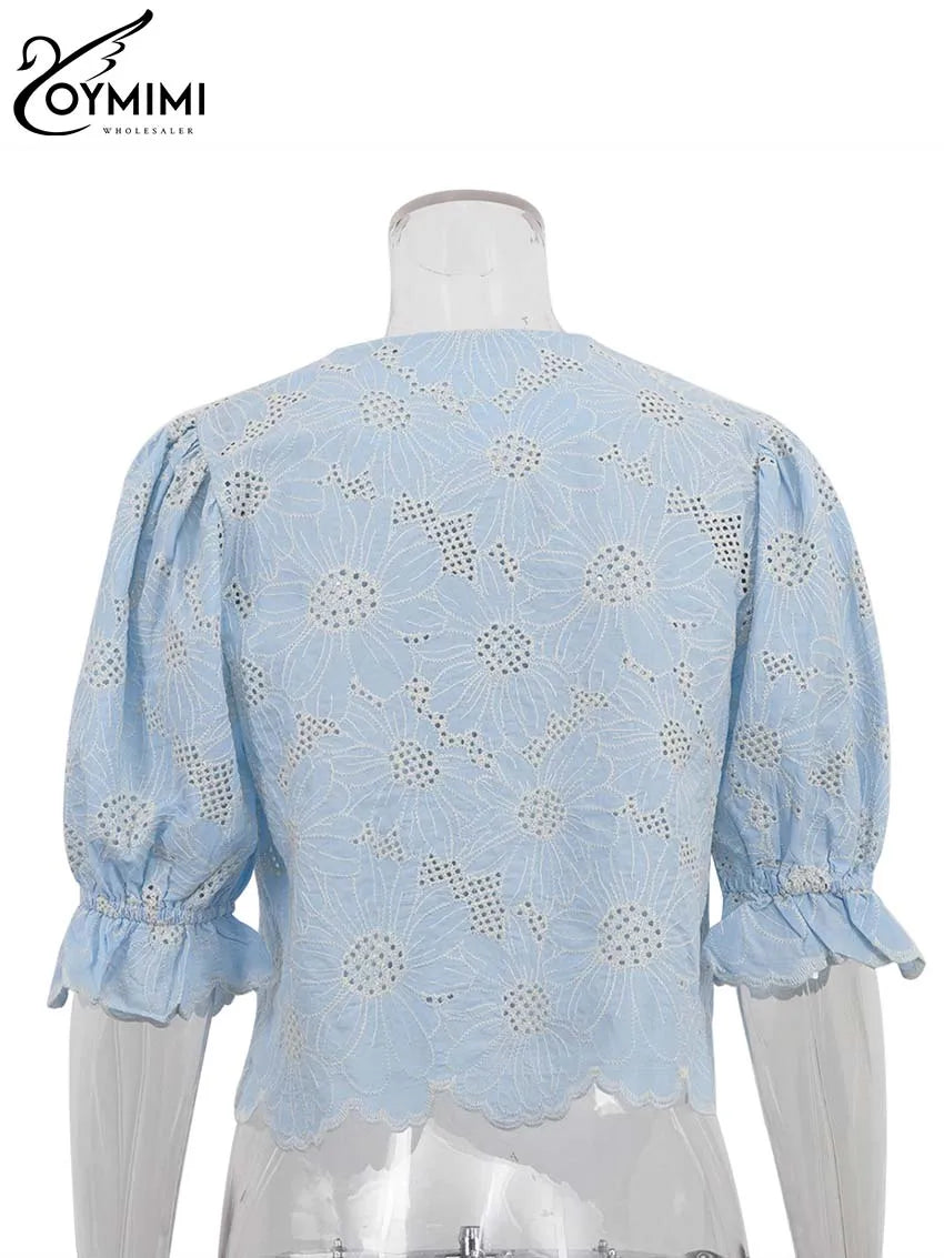 Elegant Blue Print Cotton Shirt – Hollow-Out O-Neck Blouse for Women-HighTouch
