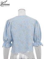 Elegant Blue Print Cotton Shirt – Hollow-Out O-Neck Blouse for Women-HighTouch