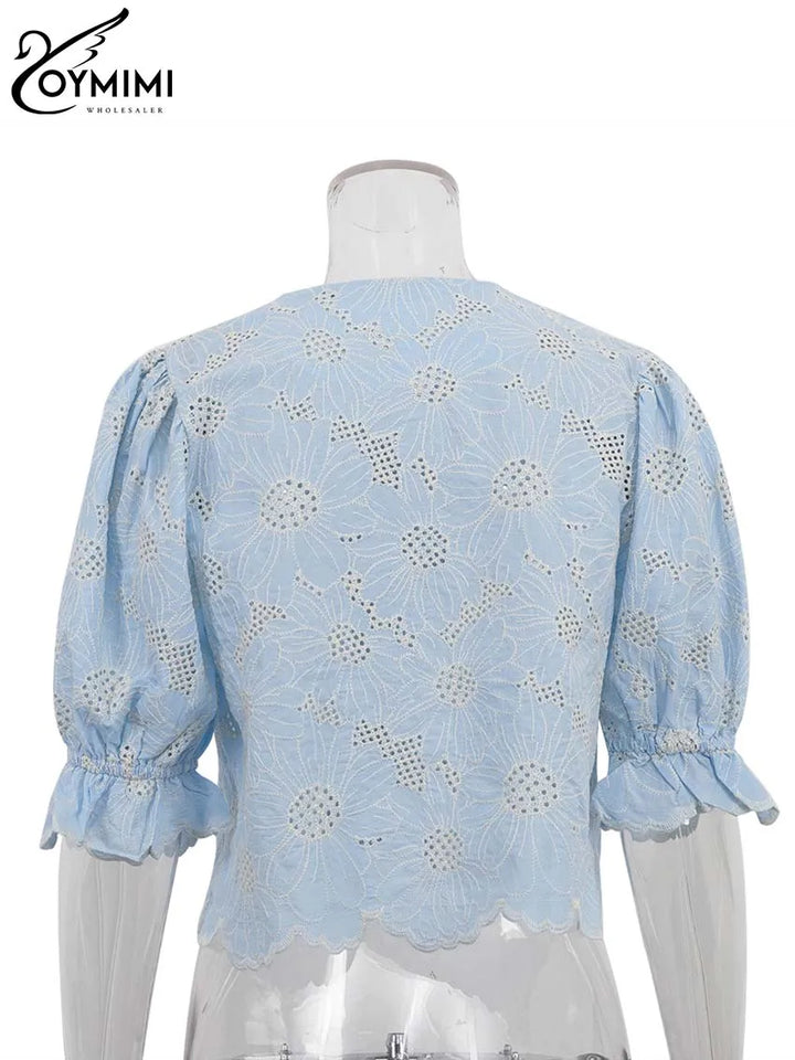 Elegant Blue Print Cotton Shirt – Hollow-Out O-Neck Blouse for Women-HighTouch