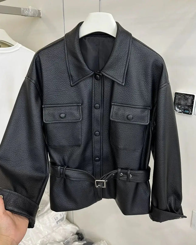 Retro Polo‑Collar Belted Leather Moto Jacket for Women