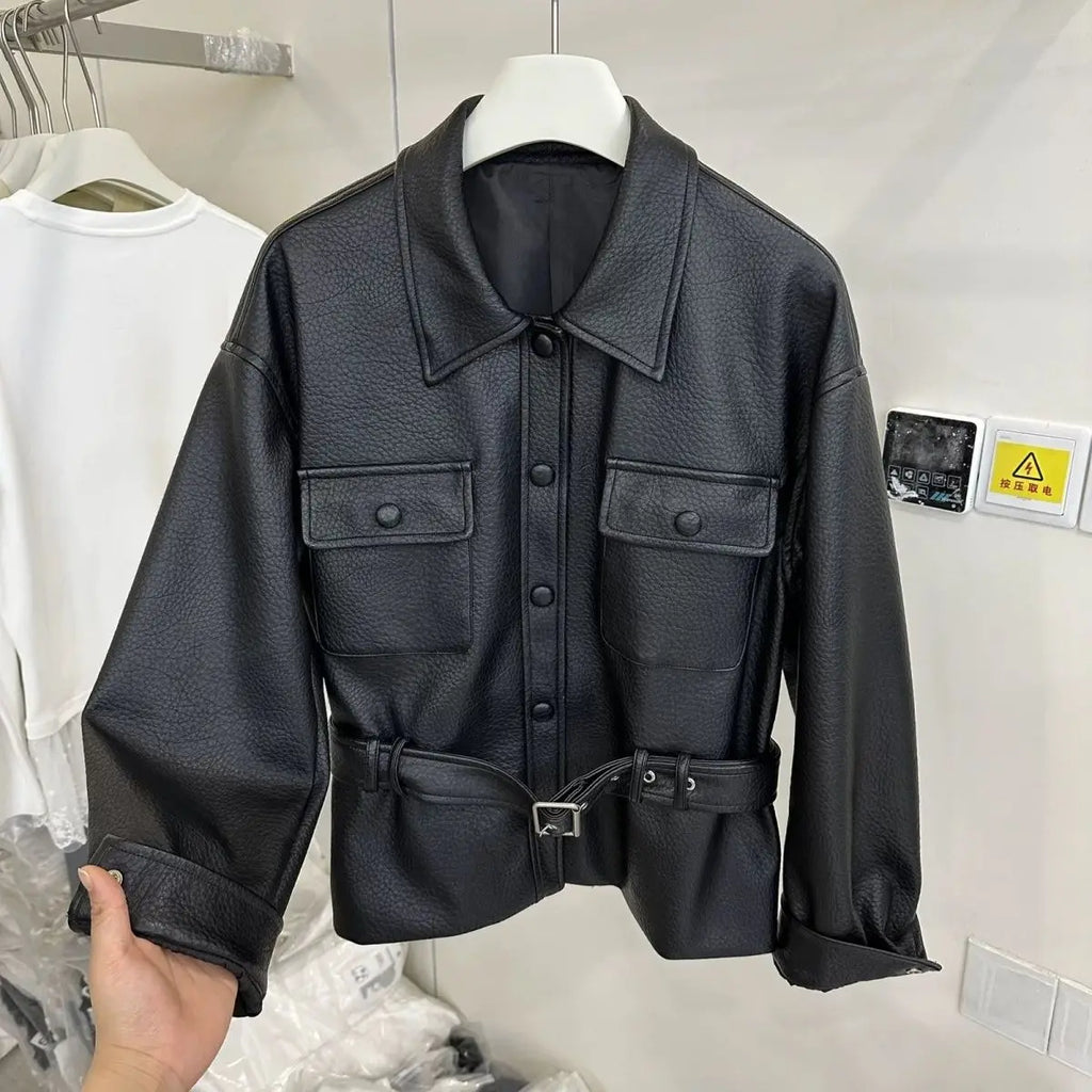Retro Polo‑Collar Belted Leather Moto Jacket for Women