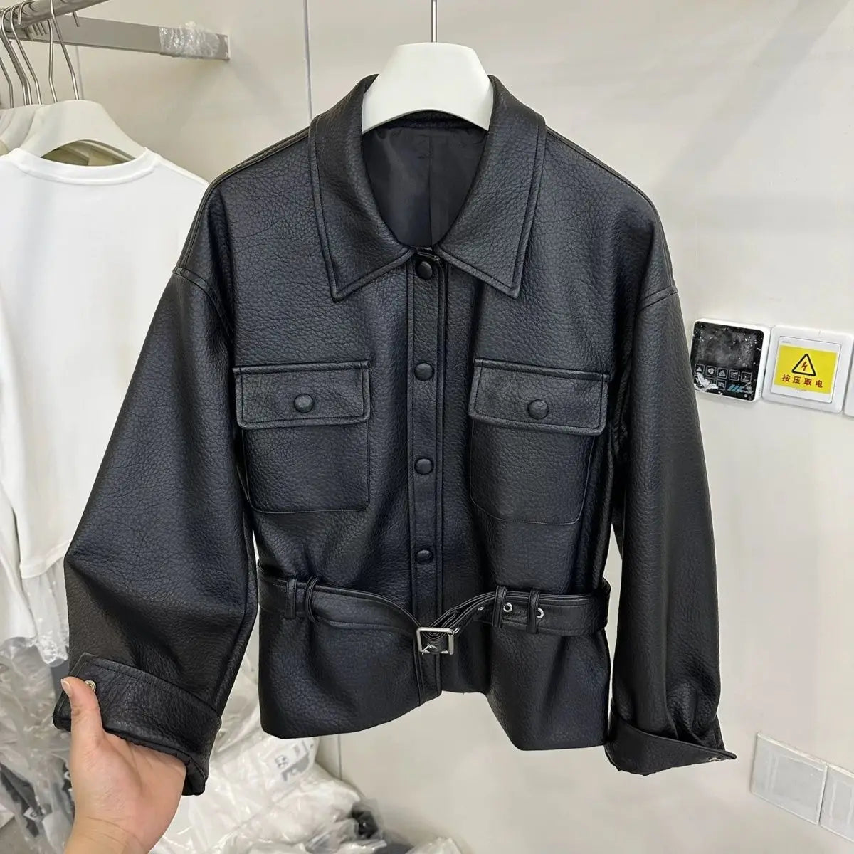 Retro Polo‑Collar Belted Leather Moto Jacket for Women