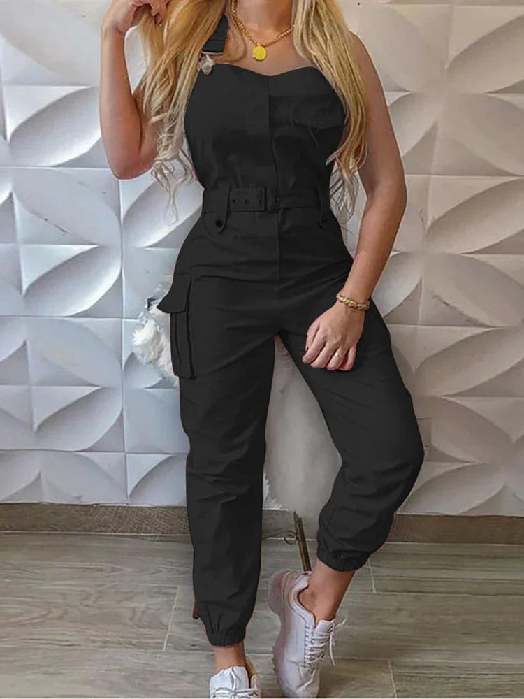Sleeveless Cargo Jumpsuit with Drawstring Waist-HighTouch