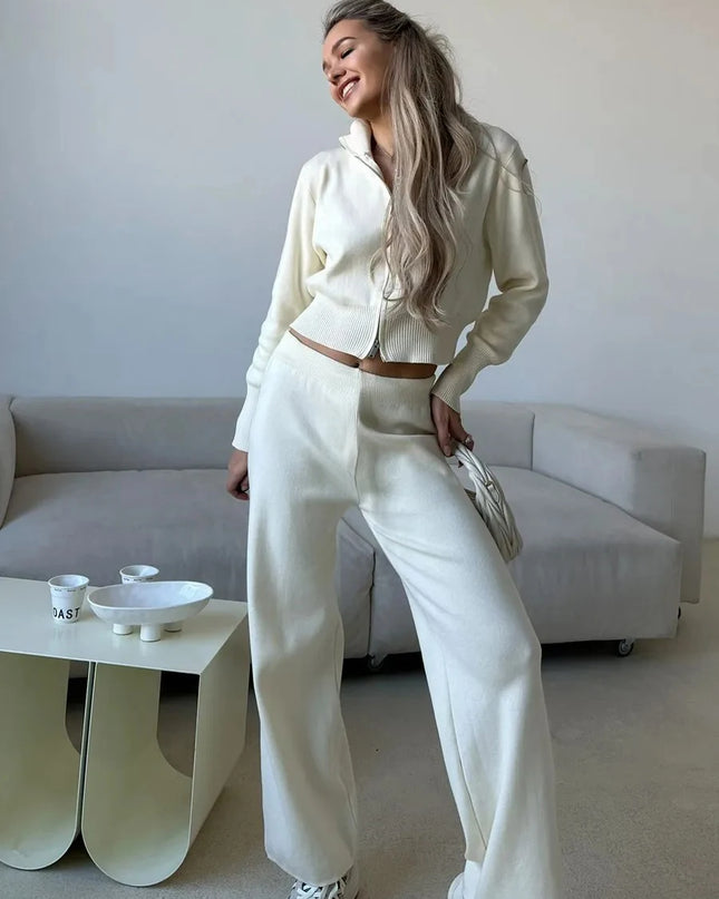 Knit Zip-Up Cardigan & Wide-Leg Pants Set