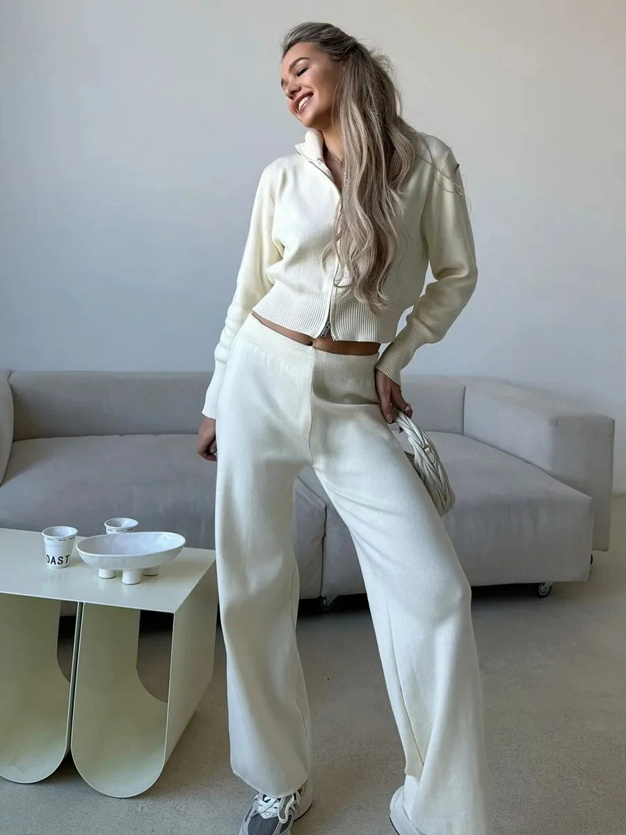 Women’s Knit Two Piece Set Zip Up Cardigan Wide Leg Pants Outfit-HighTouch