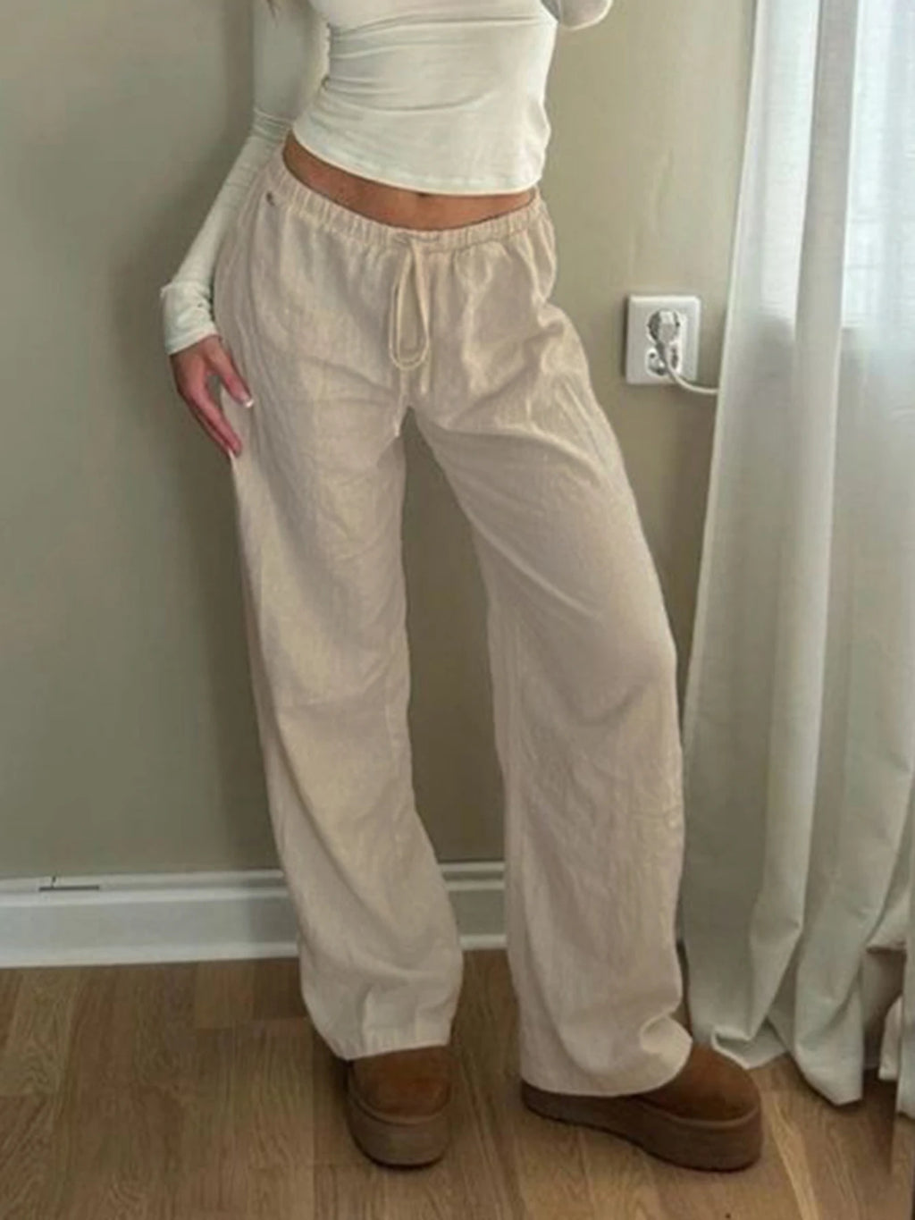 Sweetown Boho Straight‑Leg Pants – High‑Waist Loose Linen‑Blend Trousers with Pockets-HighTouch