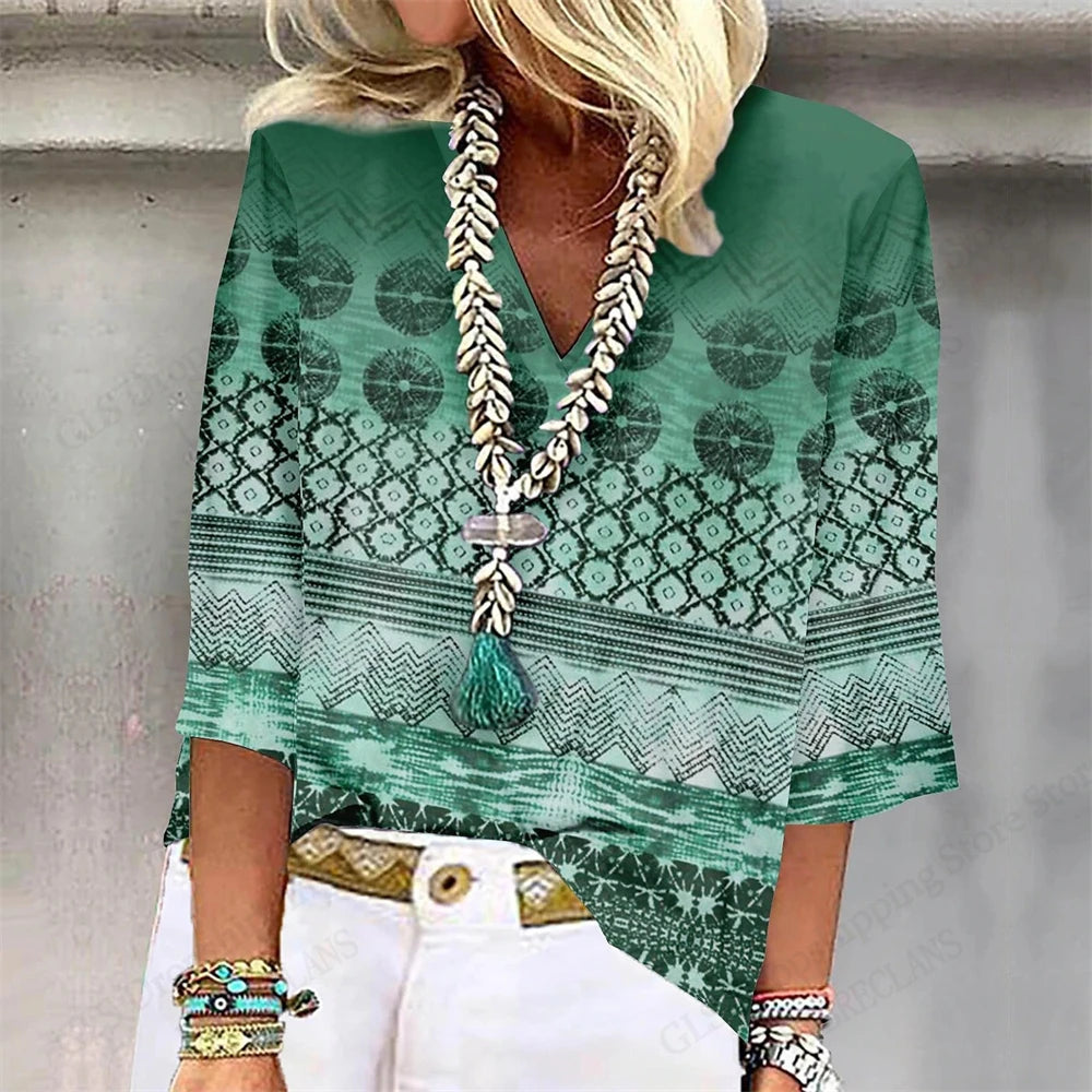 Vintage 3D Floral Oversized V‑Neck Tee – Breezy Summer Style