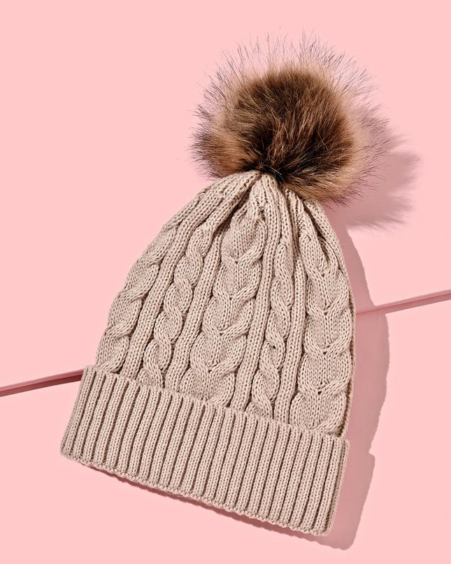 Plush-Pom Knit Flap Beanie for Women