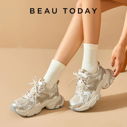 BeauToday Mesh Patchwork Chunky Sole Lace-Up Sneakers for Women