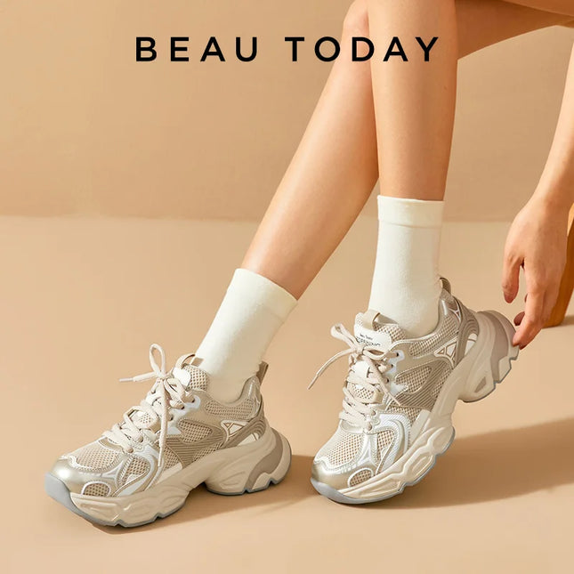 BeauToday Mesh Patchwork Chunky Sole Lace-Up Sneakers for Women
