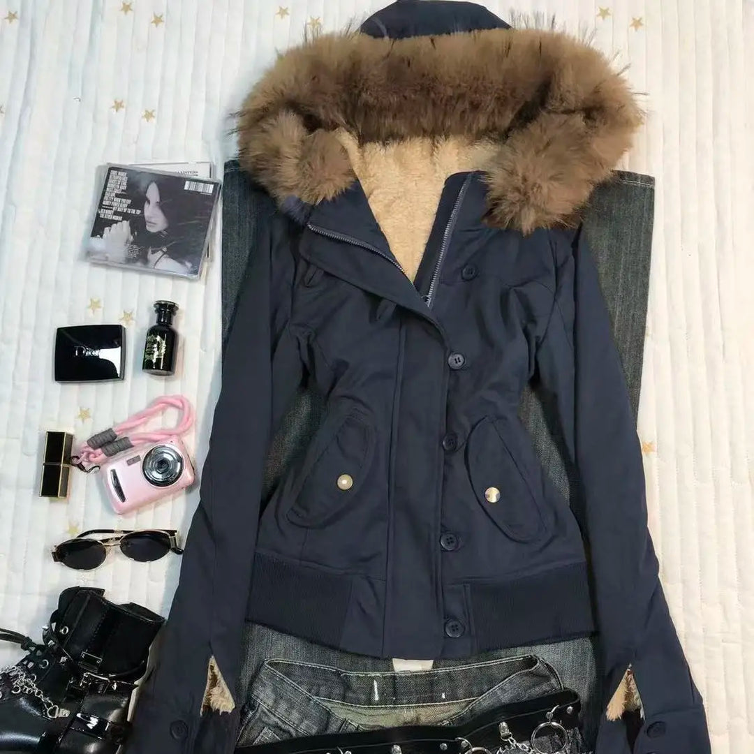 Winter Jacket Women Hooded Faux Fur Trim Fleece Lined Slim Coat