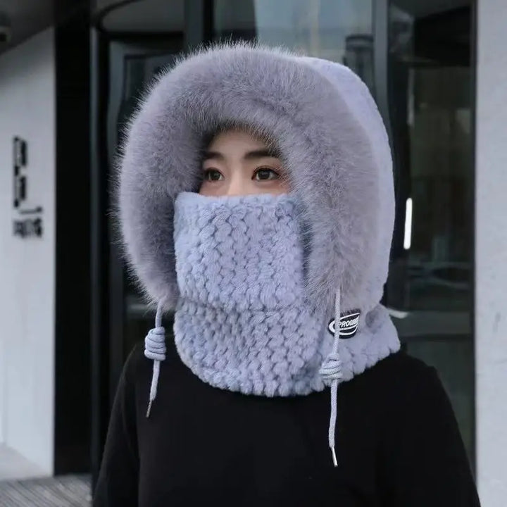 Winter Women's Plush Hooded Hat Scarf Mask 3-in-1 Ear Cover