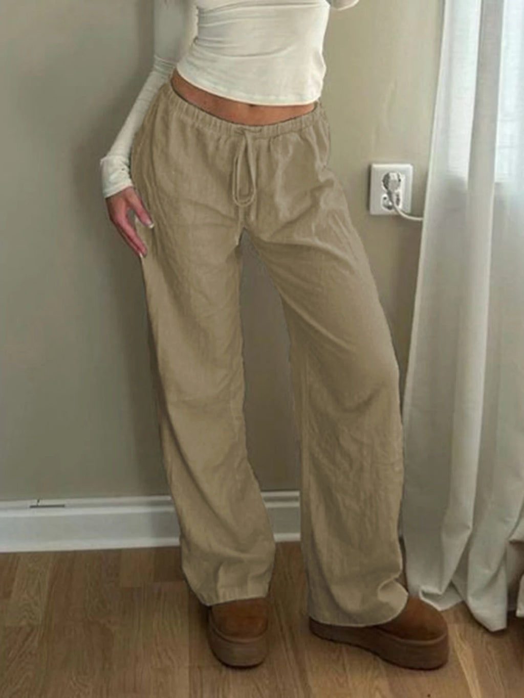 Sweetown Boho Straight‑Leg Pants – High‑Waist Loose Linen‑Blend Trousers with Pockets-HighTouch