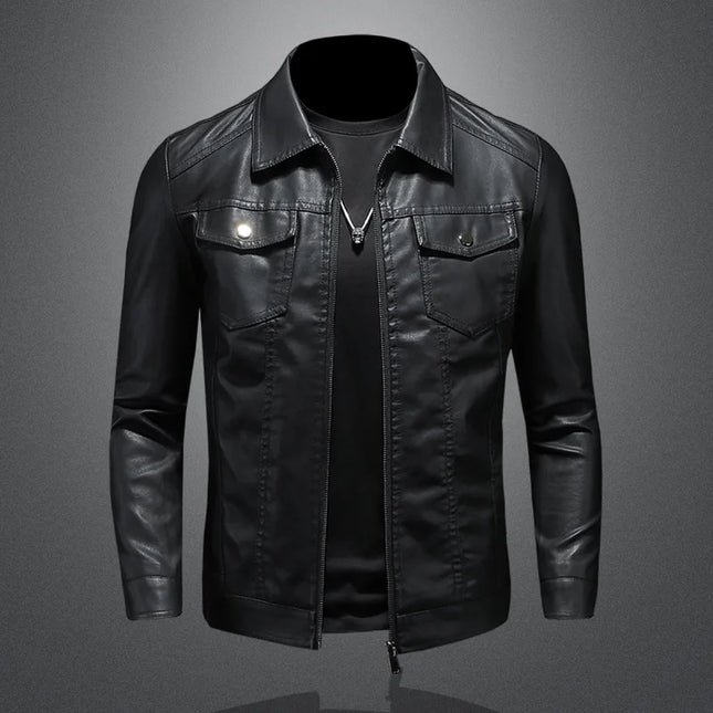 Men’s Lapel PU Leather Motorcycle Jacket