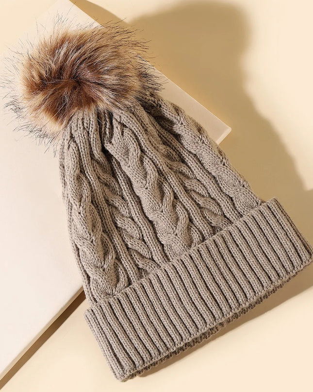 Plush-Pom Knit Flap Beanie for Women