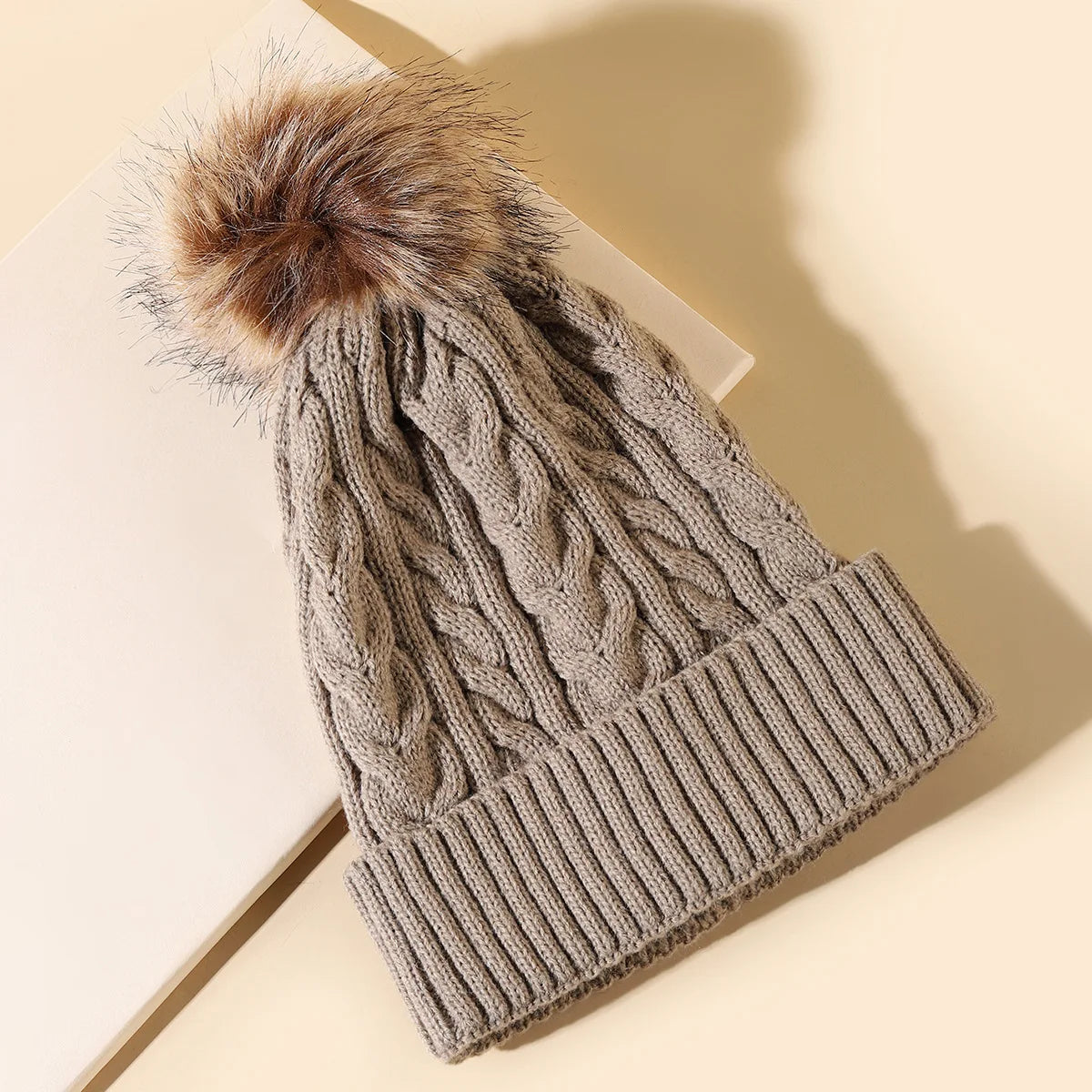 Plush-Pom Knit Flap Beanie for Women