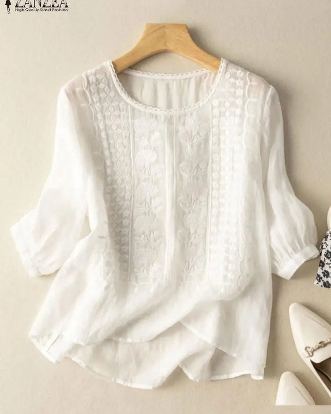 Vintage Lace Crochet Blouse – Elegant 3/4 Sleeve Embroidered Top