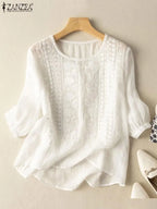 Vintage Lace Crochet Blouse – Elegant 3/4 Sleeve Embroidered Top-HighTouch
