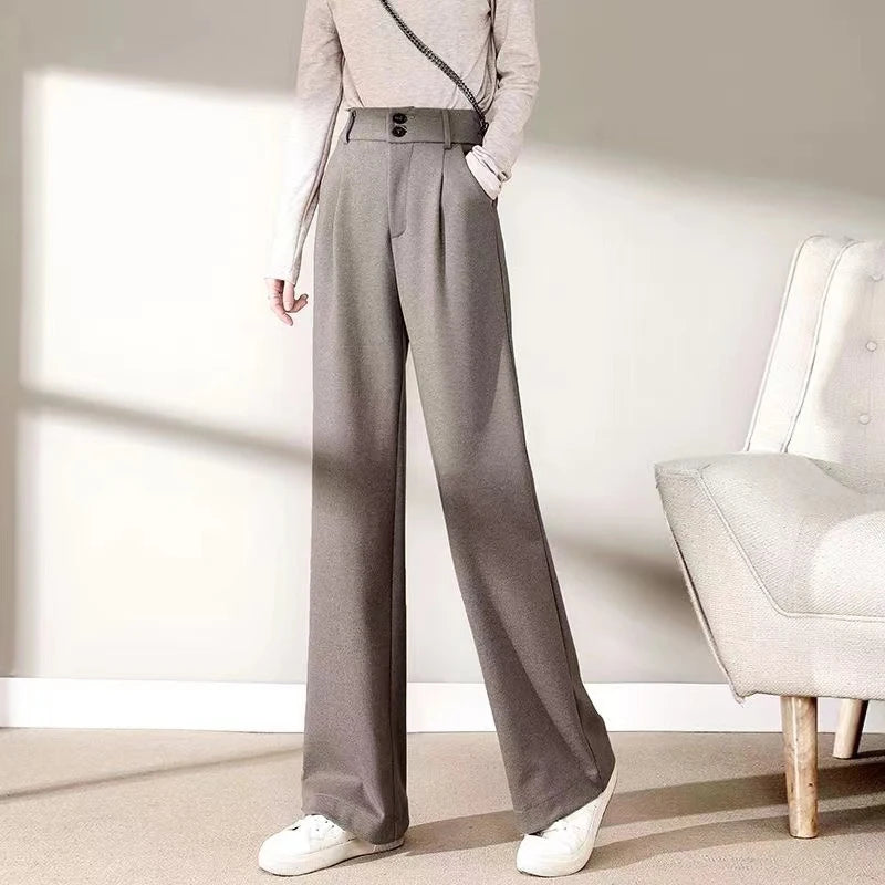 Women High Waist Wool Blend Straight Leg Trousers-HighTouch