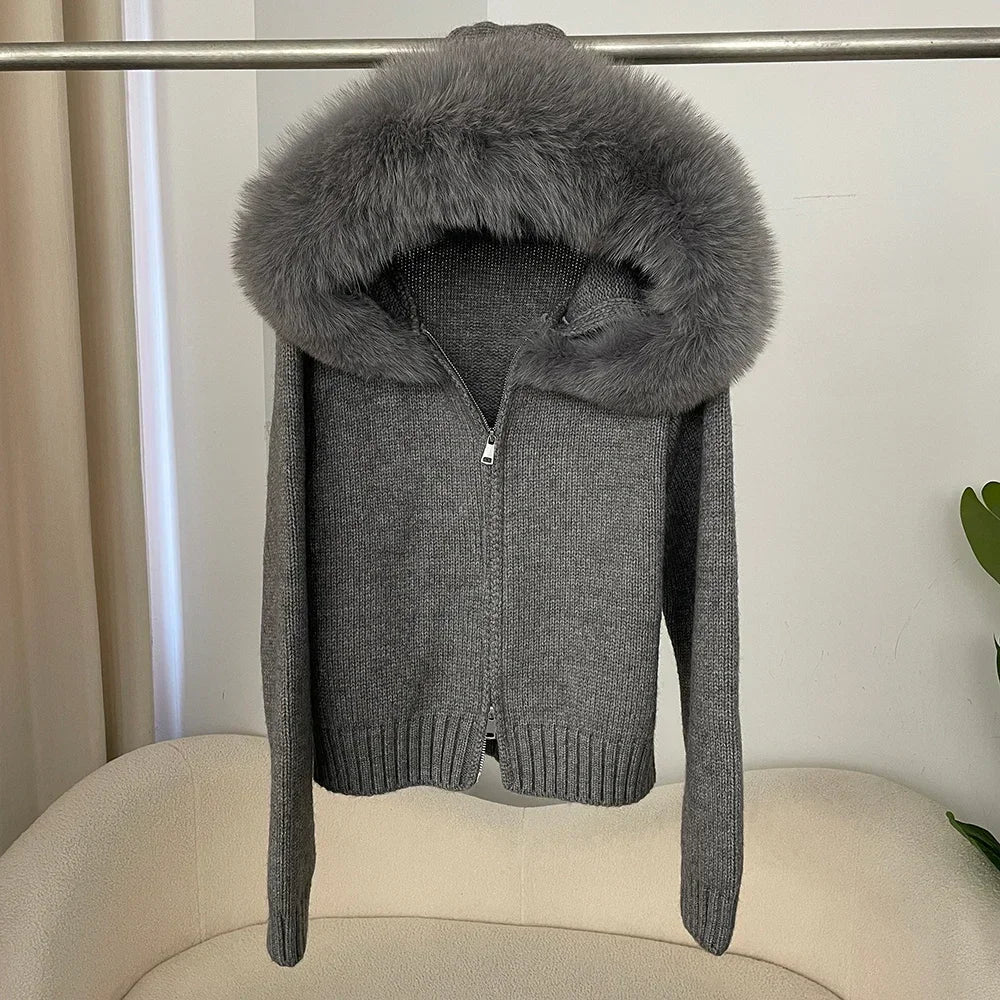 Women’s Hooded Knit Cardigan with Real Fox Fur – Casual Short Coat-HighTouch