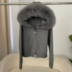 Women’s Hooded Knit Cardigan with Real Fox Fur – Casual Short Coat-HighTouch