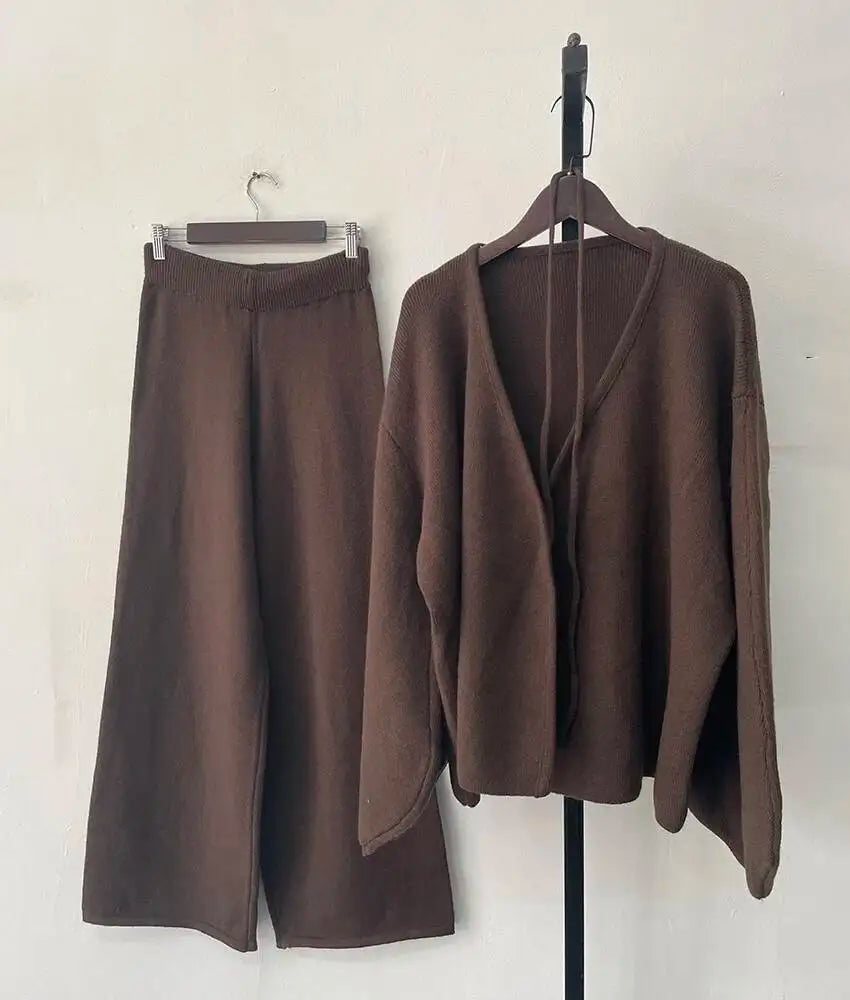 Women’s Knit Matching Set Zip Cardigan Wide Leg Pants Cozy Outfit-HighTouch
