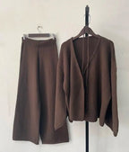 Women’s Knit Matching Set Zip Cardigan Wide Leg Pants Cozy Outfit-HighTouch