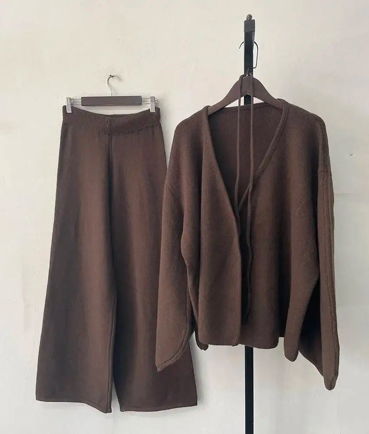 Women’s Knit Matching Set Zip Cardigan Wide Leg Pants Cozy Outfit-HighTouch