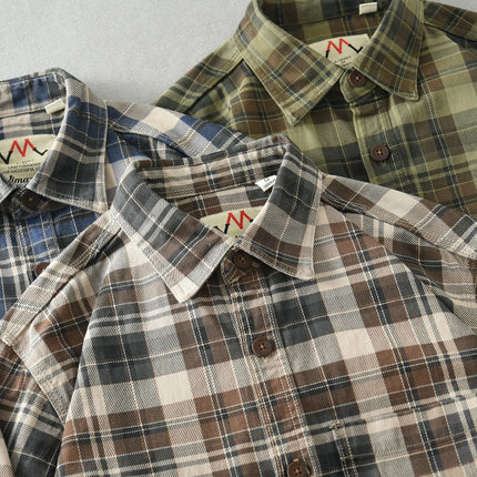 Vintage Wash Plaid Long-Sleeve Shirt Men  Cotton Flannel Casual Jacket