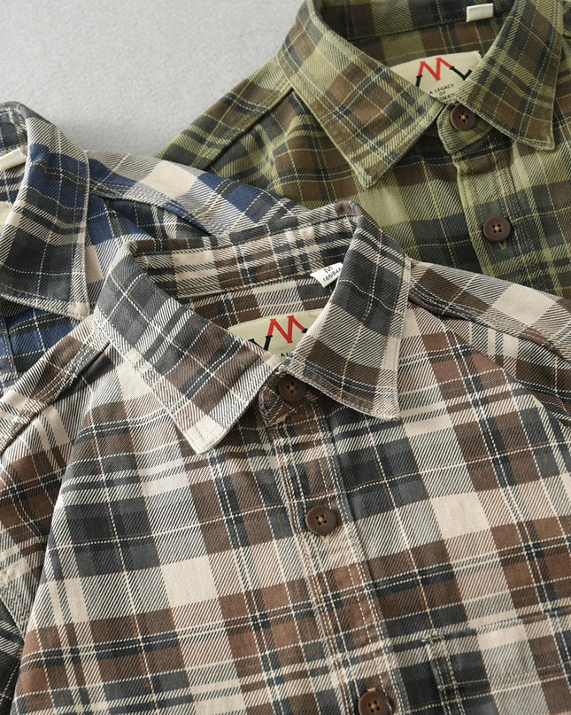 Vintage Wash Plaid Long-Sleeve Shirt Men  Cotton Flannel Casual Jacket