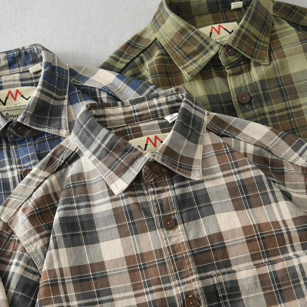 Vintage Wash Plaid Long-Sleeve Shirt Men Cotton Flannel Casual Jacket-HighTouch