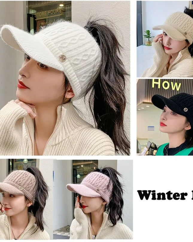 Rabbit Fur-Lined Knit Beanie with Open Top