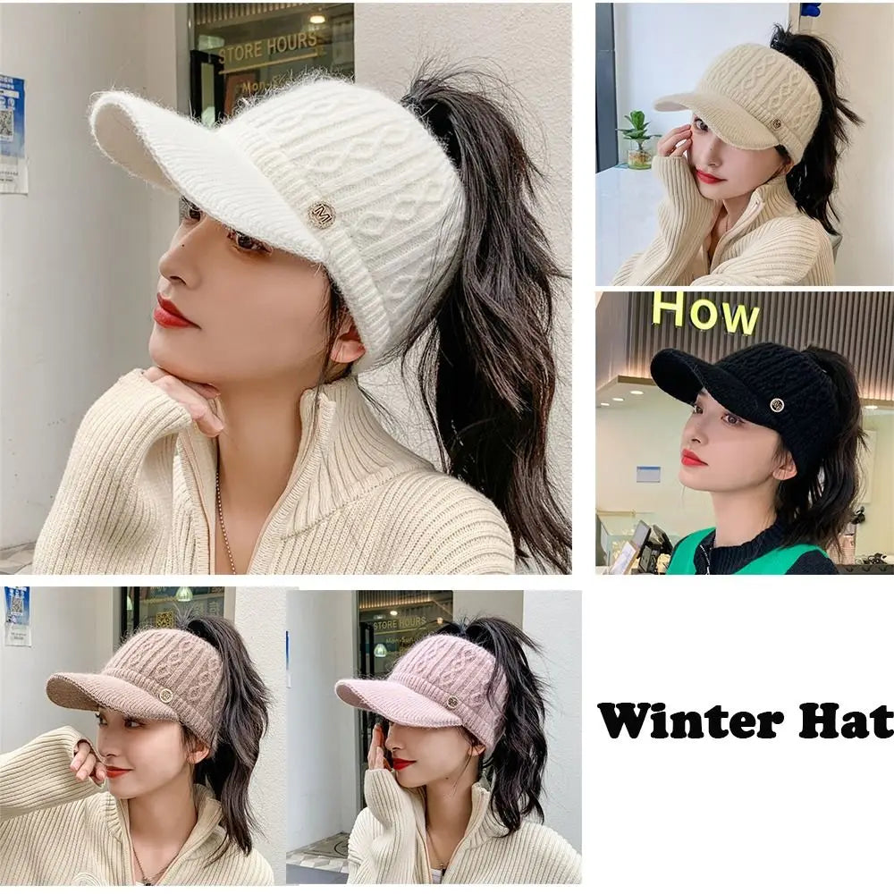 Rabbit Fur-Lined Knit Beanie with Open Top-HighTouch