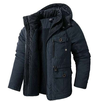 Men’s Hooded Fleece-Lined Cotton Parka – Thickened Mid-Length Winter Coat with Multi-Pockets