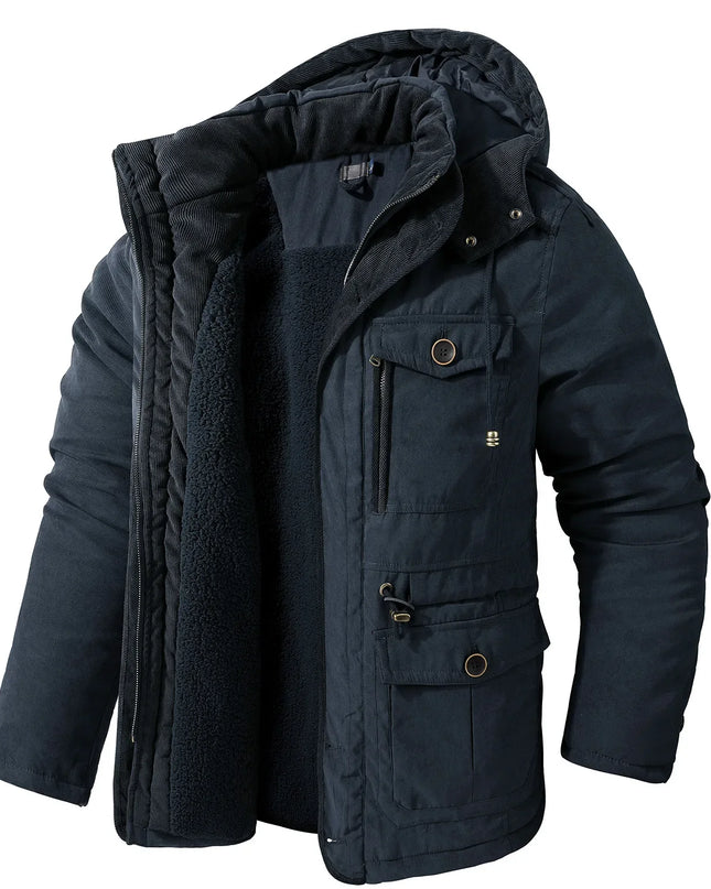 Men’s Hooded Fleece-Lined Cotton Parka – Thickened Mid-Length Winter Coat with Multi-Pockets