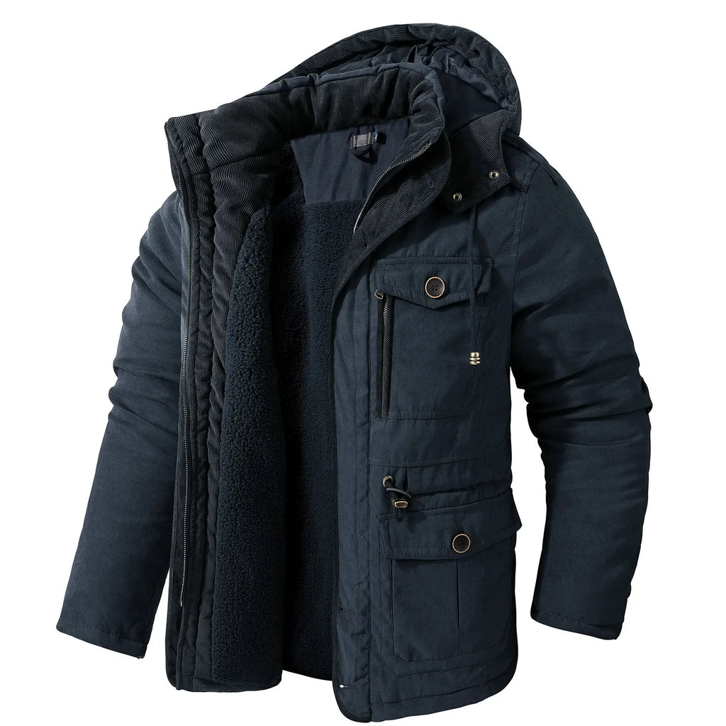 Men’s Hooded Fleece-Lined Cotton Parka – Thickened Mid-Length Winter Coat with Multi-Pockets-HighTouch