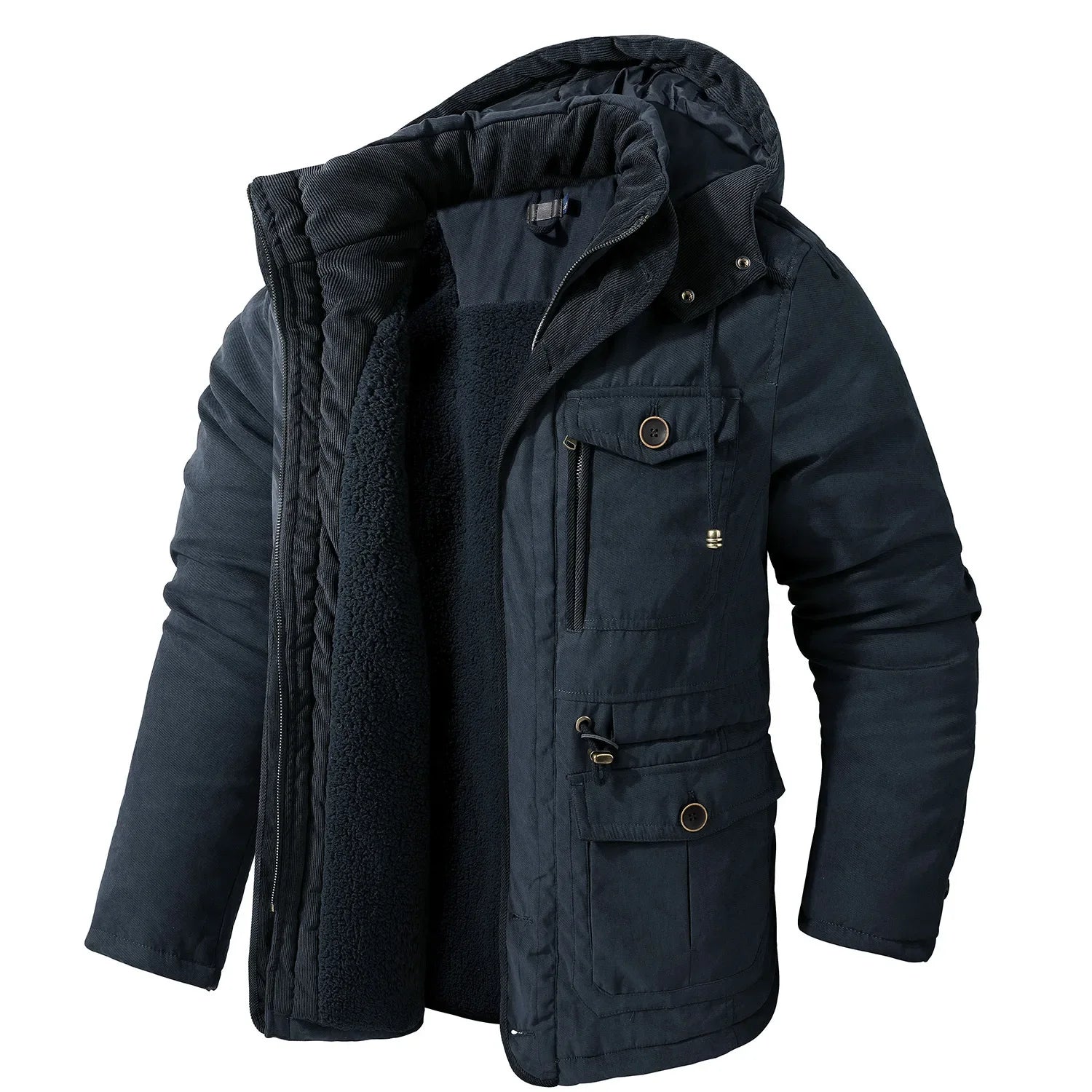 Men’s Hooded Fleece-Lined Cotton Parka – Thickened Mid-Length Winter Coat with Multi-Pockets-HighTouch