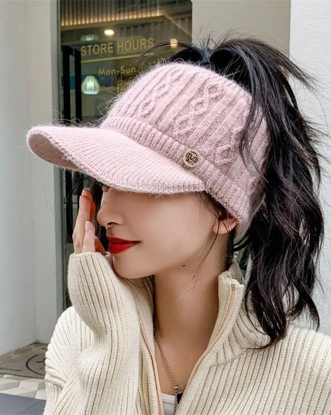 Rabbit Fur-Lined Knit Beanie with Open Top
