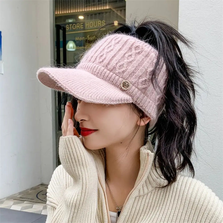 Rabbit Fur-Lined Knit Beanie with Open Top-HighTouch
